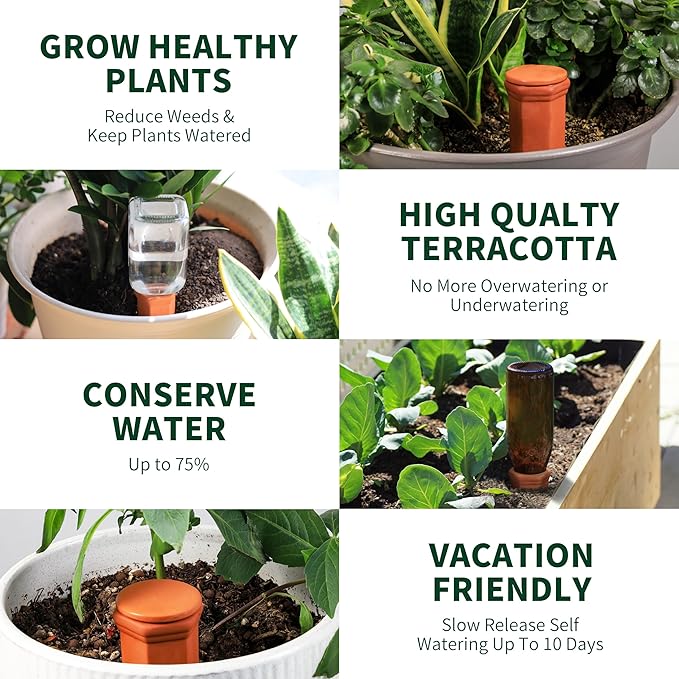 Large Terracotta Watering Spikes with Lids Automatic Plant Waterer Outdoor | Indoor Vacation Friendly Clay Plant Watering Devices System Slow Release Self Watering Planter Insert 6 Pack