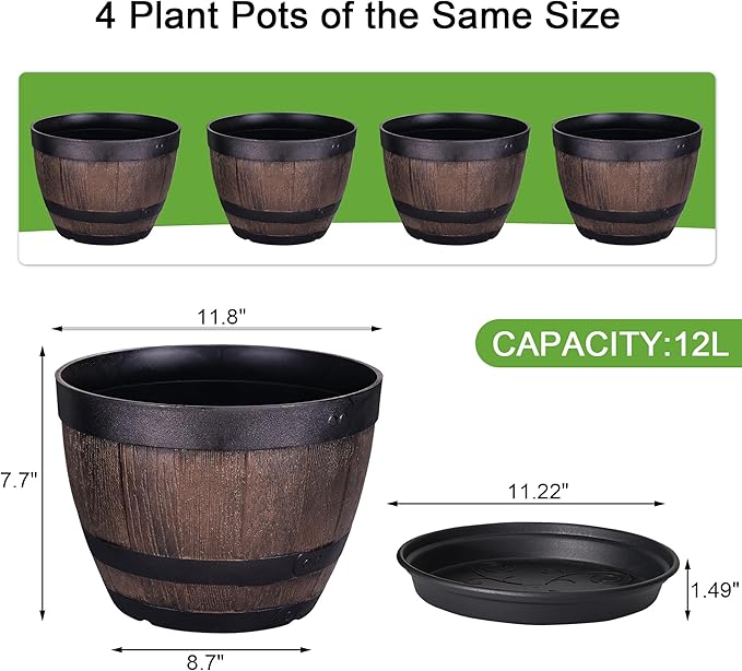 VECELO Plant Pots with Drainage Holes &amp Saucer 11.3 Inch Flower Pots with Tray 4 Pack Plastic Whiskey Barrel Planters for Indoor &amp Outdoor Garden Home Plants and Flowers