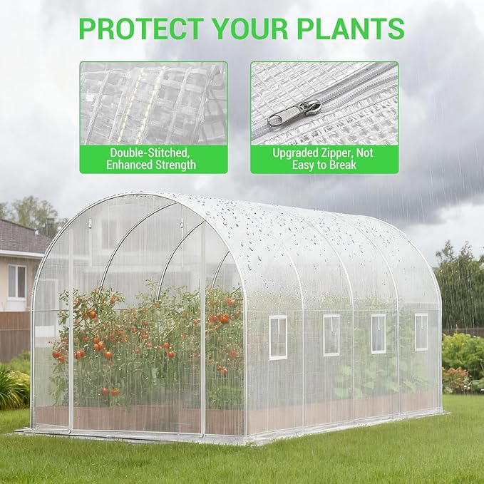 Premium 14.6x6.4x6.3 Ft Greenhouse for Outdoors Large Walk-in Heavy Duty Galvanized Steel Frame Mesh Door Screen Window Tunnel Hoop Garden Plant Winter Hot House for Backyard Plants Shed White
