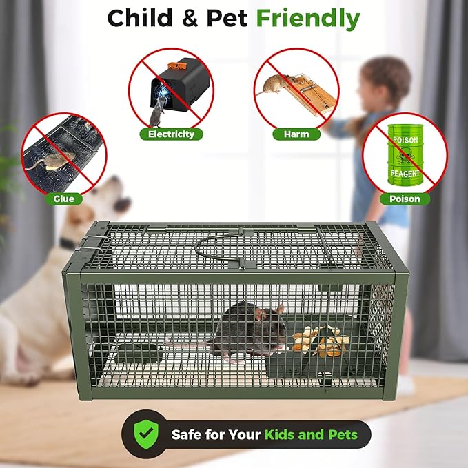 2 PCS Humane Mouse Rat Traps Mice Chipmunk Squirrel Traps and Other Live Animal Cage Catch and Release for Indoor and Outdoor-Green