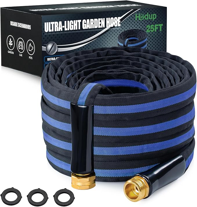Ultra Lightweight 25FT Garden Hose - Heavy-Duty Kink-Free Flexible Hose Non-Expanding Design with Aluminum Brass Fittings Crush-Proof for Yard/Lawn/Outdoor Use(black-blue 25 FT)