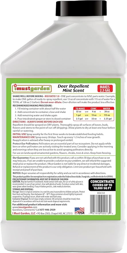 I Must Garden Deer Repellent Concentrate [2 Pack] - Natural Mint Scent - Two 32oz Bottles