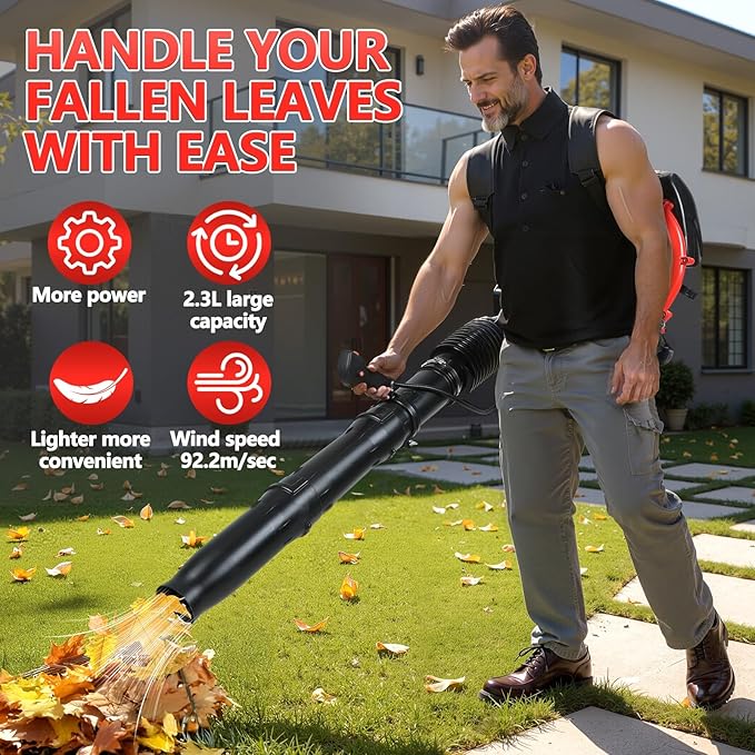 Backpack Leaf Blower 80CC 2-Stroke Gas Powered Leaf Blower with 900CFM/92.2m/s 3.5kw Professional Backpack Blower for Large Gardens Heavy Duty Red