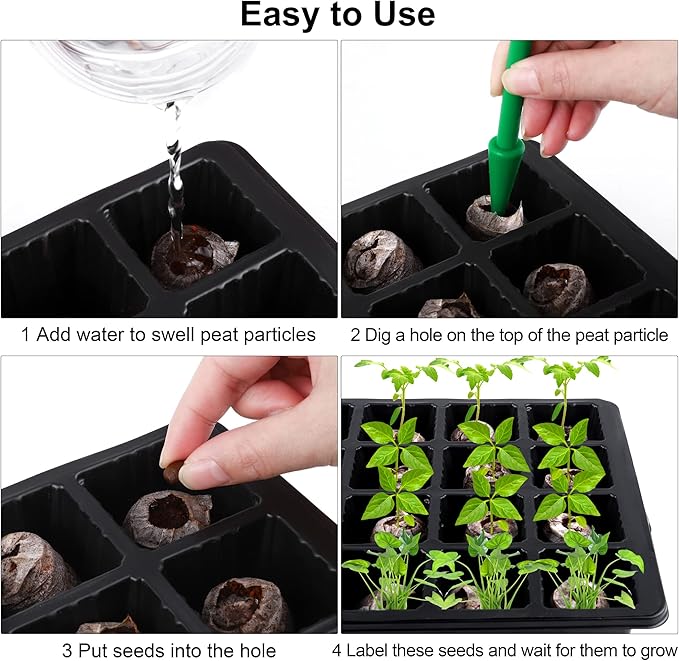 4 Pack 24-Cells Seed Starter Tray Kit Germination Tray with Humidity Dome and Base Plant Growing Kit Germination Starter Including Peat Pellets Plant Labels Tool for Indoor Outdoor Black