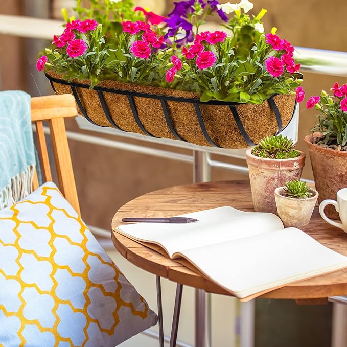 Tessco for you 3 Pieces Railing Planter Boxes 24 Inches Window Box Planters with Coco Liner and Adjustable Brackets for Deck Porch Fence Patio Balcony Gardening Outdoor Plants
