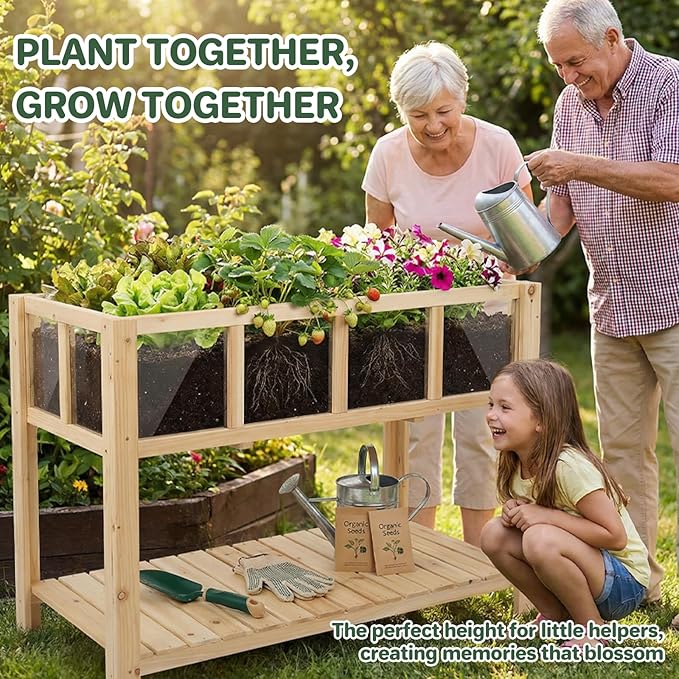 Raised Garden Bed Outdoor with Shelf 43.7''x23.2''x30.7''Wood Planter Box with Transparent Window Drainage Holes Liner Garden Beds Flower Stand for Balcony Kitchen Gift for Gardening