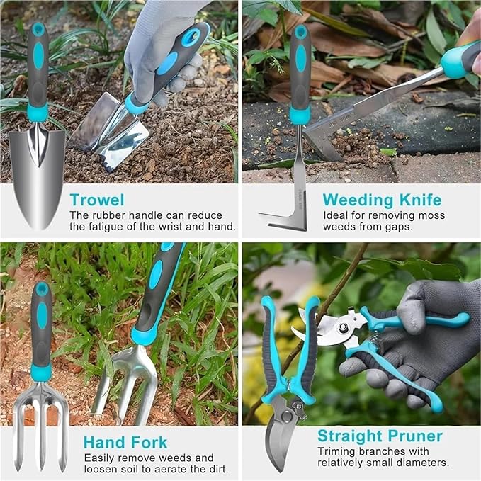 Gardening Tools Set 10 Piece Heavy Duty Stainless Steel Garden Tools Set with Ergonomic Rubber Handle Variety of Gardening Hand Tool