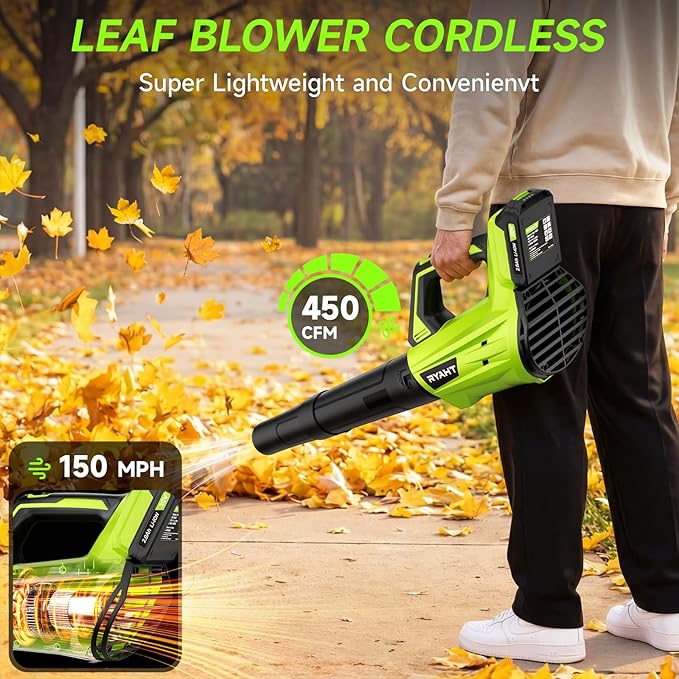 Leaf Blower Cordless Leaf Blower with Battery and Charger - 2 Speed Modes 2 Batteries 20V Powerful Lightweight Electric Blowers for Blowing Leaves Lawn Care Patio Cleaning and Dust Green