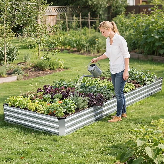 G GOOD GAIN 12x4x1ft Galvanized Raised Garden Bed Heavy-Duty Metal Planter Boxes Outdoor for Vegetables Flowers Herbs Silver(1 Pack)