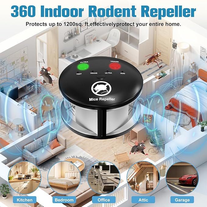 Ultrasonic Mouse Repellent Indoor Electronic Rodent Repeller Plug-in 360° Ultrasonic Electric Impulse Pest Control Device for Mice Rat Squirrel Roach Spider Ant Bug BatFamily &amp Pet Safe