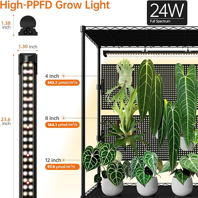 Bstrip Plant Cabinet with Pegboard 3 Tier Plant Shelf with Grow Light Metal Plant Stand with 4 Pack 96W Grow Lights for Indoor Plant Foliage Plants Seed Starting 35.4x13.8x71