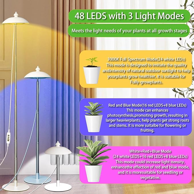 LED Floor Grow Lights for Indoor Plants Corner Stand Full Spectrum Plant Growing Lamp 10 Dimmable Levels Auto 3/6/9/12H Timer Grow Light Height Adjustable for Large Tall Plants