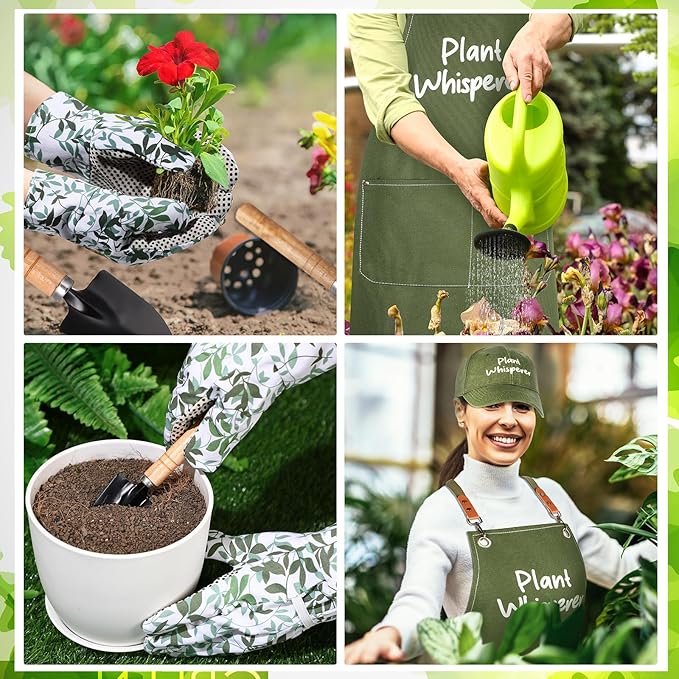 Tarpop Garden Tool Set Christmas Plant Whisperer Gardening Gifts for Women 7 Pcs Vegetable Planting Tool Kit Cap Canvas Apron Gloves Soil Scoop Transplant Trowel Cultivator Flower Tub(Green)