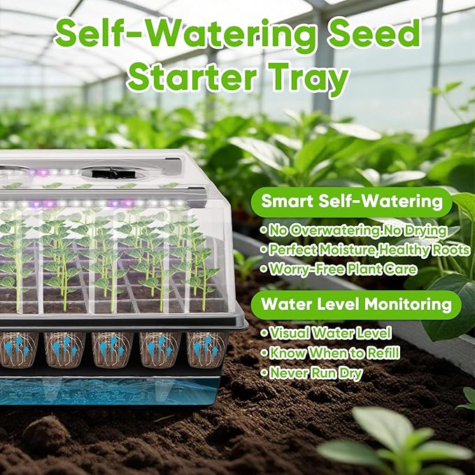 BlumWay 120-Cell Self-Watering Seed Starter Tray with Grow Light 1-24H Timer Seed Starter Kit with 4.02 Humidity Dome Seedling Tray for Indoor Plant Starter Plant Germination Trays-Black