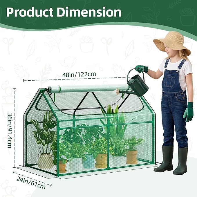Superlele Mini Greenhouse for Outdoor 48x24x36In Portable Greenhouse with 2 Large Zipper Doors Reinforced Green PE Mesh Cover for Plant Protection and Winter Gardening Steady Steel Frame