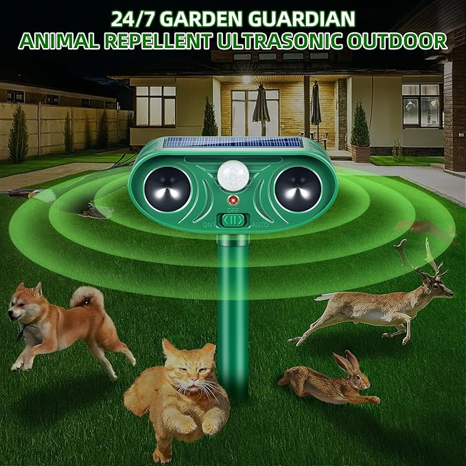 2026 Solar Animal Repellent Outdoor&ampCat Repellent Outdoor with Motion Deer Repellent Devices Ultrasonic Cat Deterrent Fox Raccoon Squirrel Rabbit Coyote Deterrent for Farm Orchard Garden 4 PCS