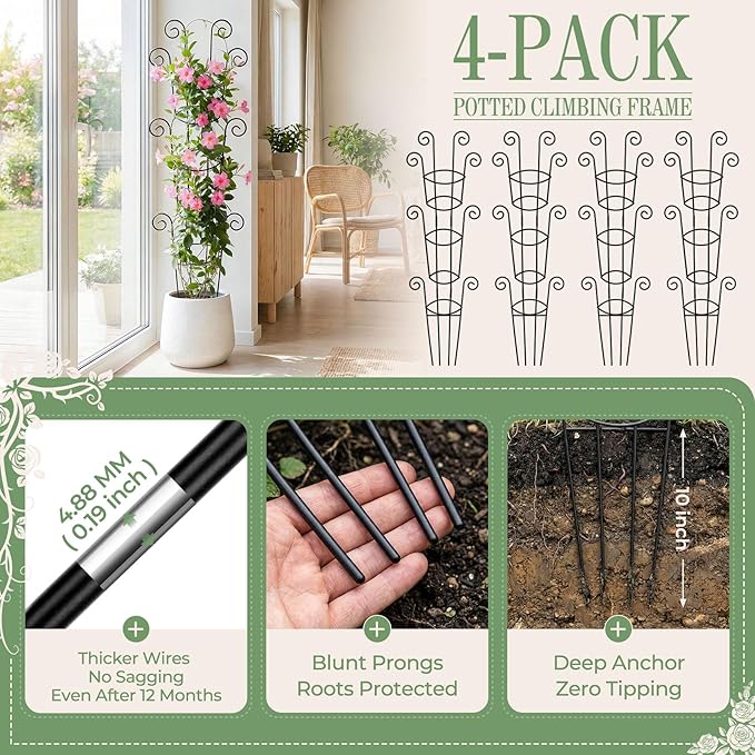 4 Pack 43 Inch Metal Plant Trellis for Climbing Plants - Rustproof Garden Trellis for Large Potted Houseplants Sturdy Plant Support Indoor Outdoor for Monstera &amp Vines Home Decor