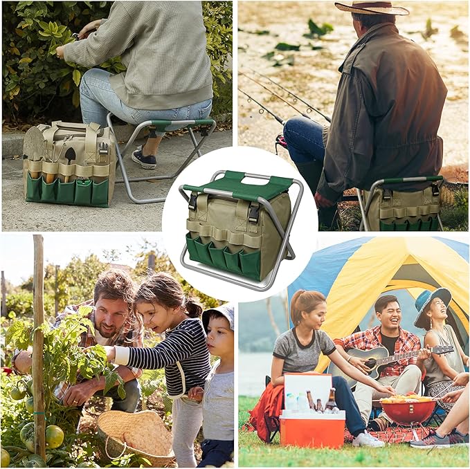 Folding Garden Stool Garden Kneeler Seat Sturdy Stainless Steel Tools Folding Stool Detachable Canvas Tool Bag