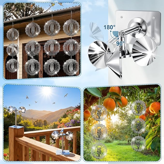 14 Pcs Bird Scare Reflective Device Set Bird Spinning Deterrents for Pigeon Woodpeckers Hanging Discs Owl Wind Spinner Scare Reflectors Owl Repels Device for Outdoor Outside Garden Roof
