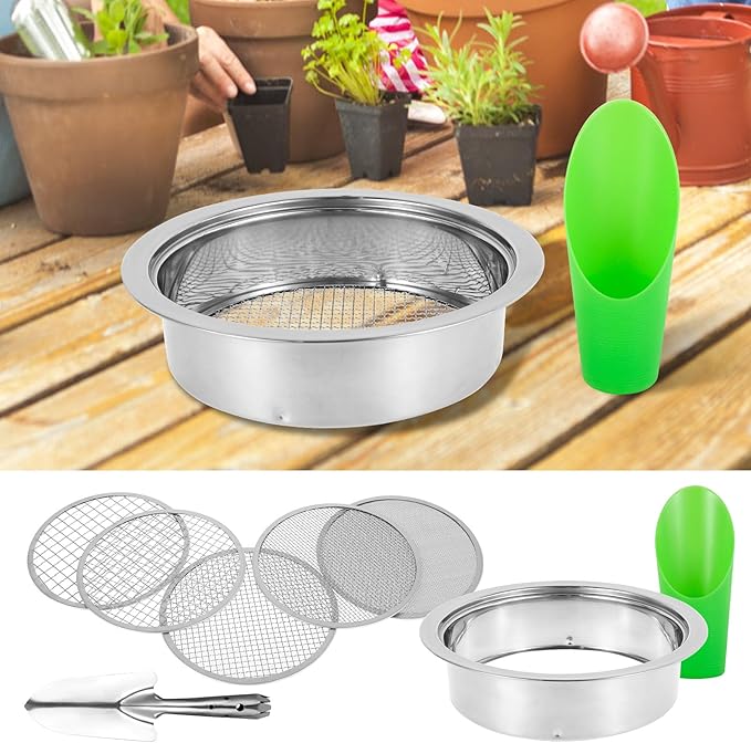 Soil Sifter Garden Sieve Soil Sieve Garden Soil Sifter Compost Sifter Bonsai Soil Sieve Rock Sifter Soil Sifter Fine Screens Shovel Set with 5 Interchangeable Filter Mesh Sizes 1/3/6/9/12mm