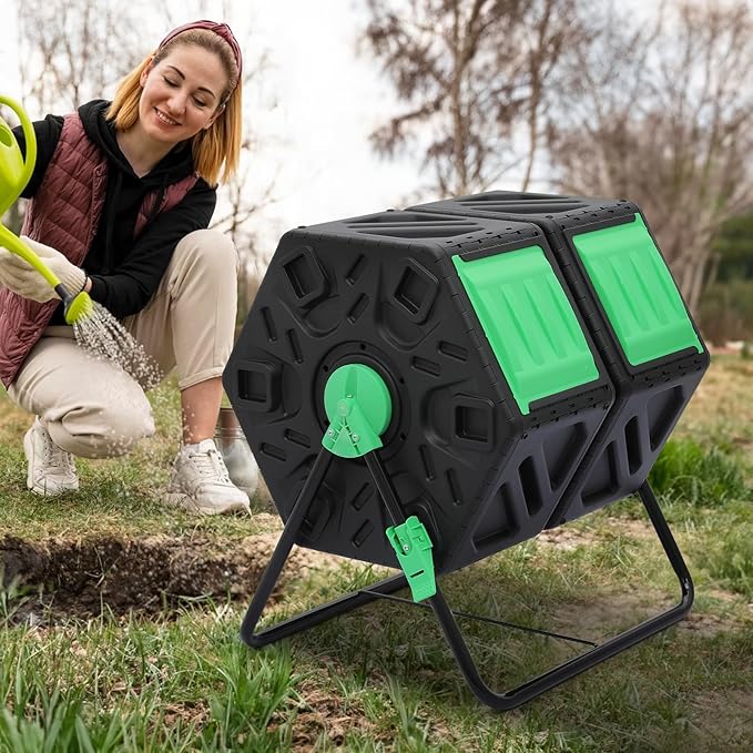 MoNiBloom 34 Gallon Compost Bins Outdoor Dual Chamber Composter Tumbler All-Season Fast Working Tumbling Composter High Volume Composter with 2 Sliding Doors