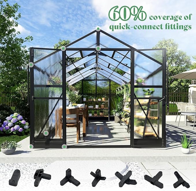 AMERLIFE 8x14x7FT Polycarbonate Greenhouse Walk in Greenhouse with Quick-Connect System Green House with 4 Vent Windows and Swing Door Greenhouses for Outdoors Glossy Black