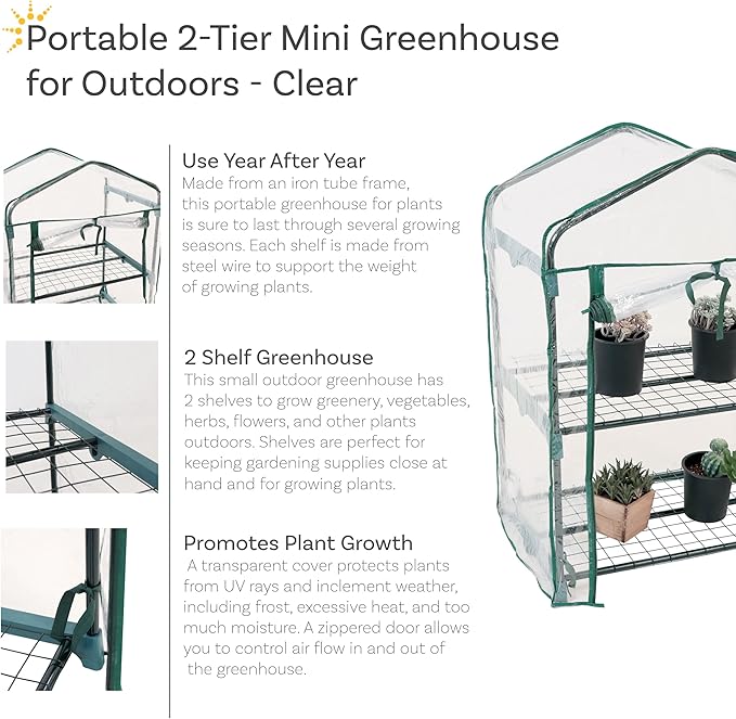 Sunnydaze Outdoor Portable 2-Tier Mini Greenhouse with Roll-up Zippered Door and Steel Wire Shelves - Clear