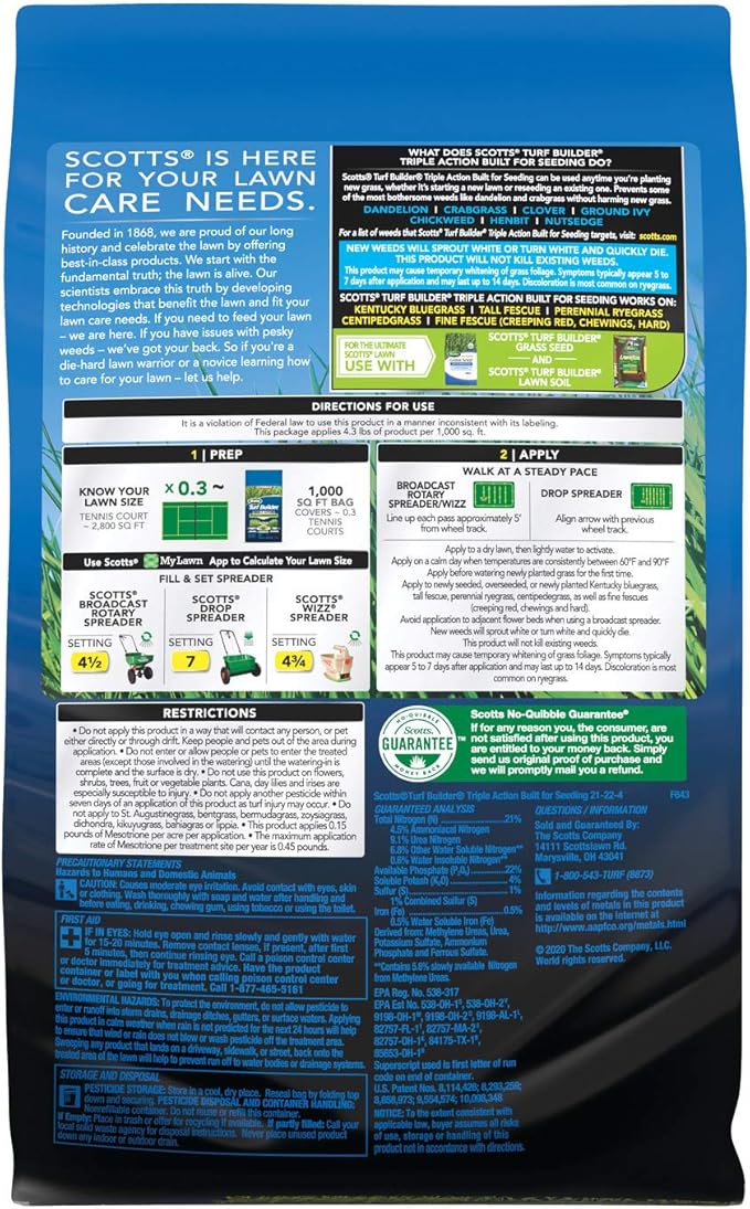 Scotts Turf Builder Triple Action Built For Seeding - Weed Preventer and Fertilizer for New Lawns 1000 sq. ft. 4.3 lbs.