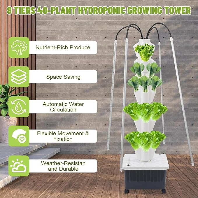 8 Tiers 40 Plant Hydroponic Growing Tower Indoor Garden Planter with LED Grow Light Vertical Smart Plants Germination Kit with Wheels and Timed Plug for Fruits Vegetables Herbs
