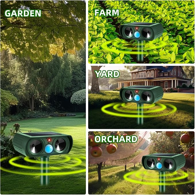 4 Pack 2025 Solar Ultrasonic Repellent Outdoor Cat Deterrent Squirrel Rabbit Deer Repellent Devices Skunk Repellent for Yard Motion Detection Animal Deterrent for Dog Racoon Rodent Mole