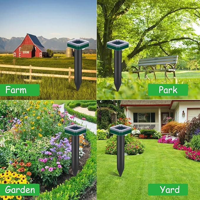 Tirgot Mole Repellent Solar Powered for Lawns Snake Repellent for Yard Gopher Groundhog Vole Repellent Trap Ultrasonic Outdoor Waterproof Chipmunk Rodent Burrowing Animals Deterrent Stake 4 Pack