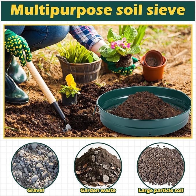 14.57'' Large Soil Sifter for Gardening with 1 3 6 9 12 mm Sieve Mesh Compost Dirt Sifter with Handle Garden Sand Soil Rock Sieve for Dirt Sand Rocks Pellet Gravel(Green)