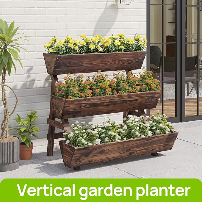 3-Tiers Wooden Raised Garden BedPlanter Box Gardening Outdoor Planter Box Patio Kit Tiered Planter Box Vertical Garden Planter Wood Plant Stand for Patio Balcony Freestanding (Carbonized L)