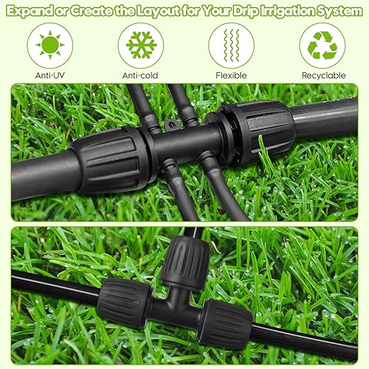50 Ft 1/2'' Hose Drip Irrigation Tubing Kit Automatic Garden Watering Plants with 4 Quick Way Connectors and 1 Barbed