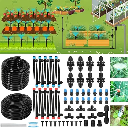 250FT Drip Irrigation Kit – 2026 New Quick-Connect Micro Irrigation System with 1/4'' 1/2'' Tubing Locking Nozzle Emitters Adjustable Misting Sprayers for Gardens LawnsRaised Beds and Greenhouses