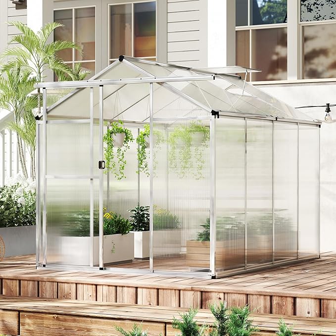 Happygrill Greenhouse 6 x 8 x 6.5FT Outdoor Polycarbonate Greenhouse w/ Sliding Door Adjustable Roof Vent Rain Gutter Heavy-Duty Aluminum Greenhouses for Outdoors Garden Backyard Patio Lawn