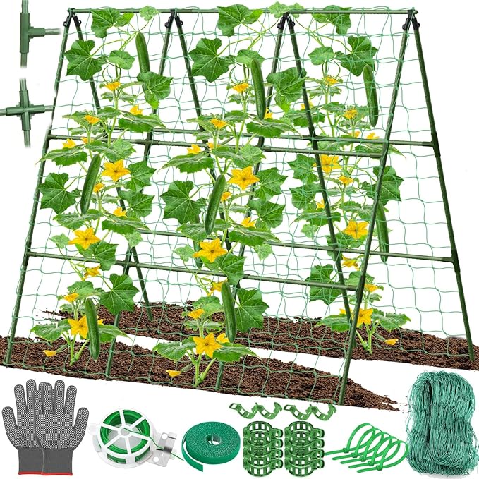Cucumber Trellis for Raised Bed 50x 54 inch A-Frame Garden Trellis for Climbing Plants Outdoor Metal Arch Trellis with Netting Vegetables Trellis for Grape Pea Bean