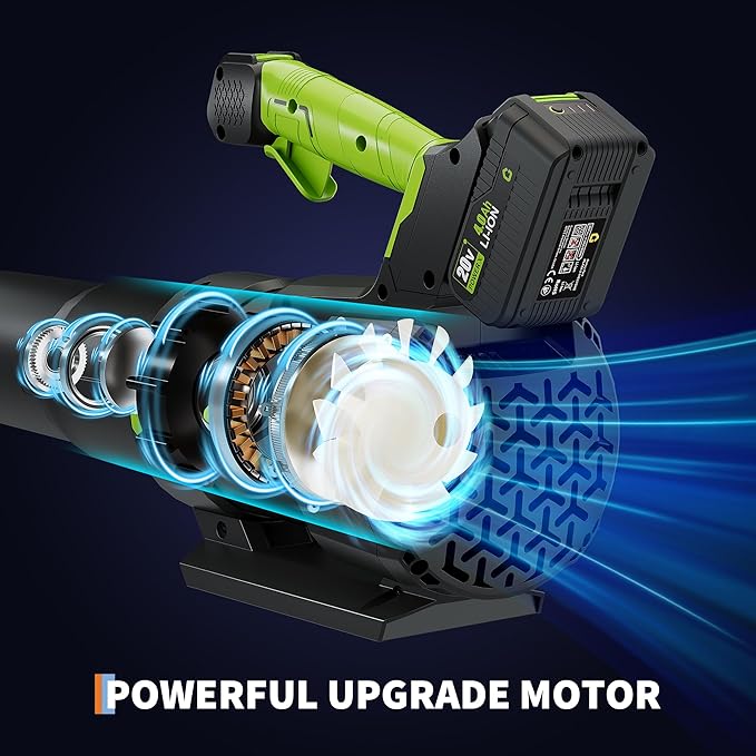 Electric Leaf Blower - 650CFM &amp 200MPH Leaf Blower Cordless with 20V 4.0Ah Battery and Charger Variable Speed Powered Leaf Blowers for Lawn Care Blowing Leaves Dust Snow - Green