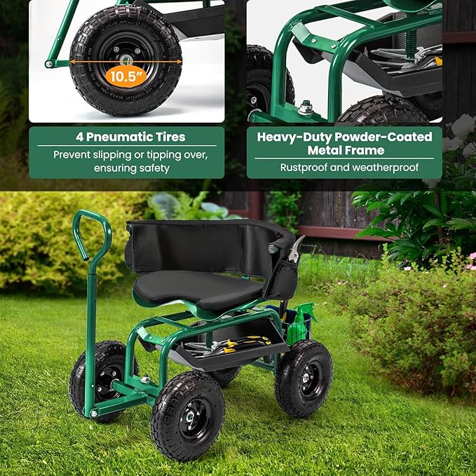 Rolling Garden Cart Swivel Gardening Seats with Seat &amp Tool Storage Green