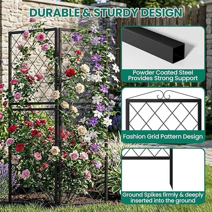 DoCred 2 Pack Garden Trellis for Climbing Plants 71 Inch Metal Plant Trellis for Plant Support Large Decorative Outdoor Trellis for Climbing Vegetable Flower Rose Vine Cucumber Black Rhombus Grid