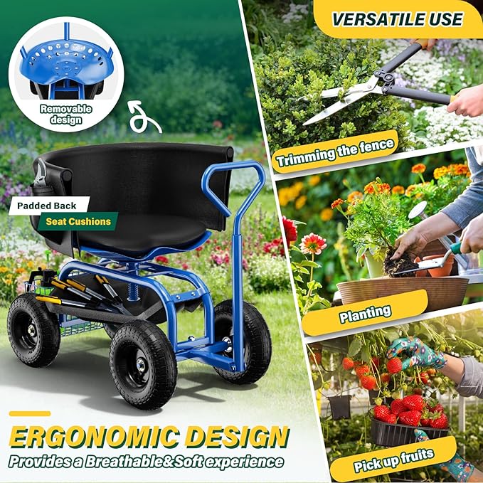 Garden Seat with Wheels Rolling Garden Stool with Adjustable 360°Swivel Seat Storage Basket &amp Extendable Handle Outdoor Gardening Scooter Garden Cart Workseat Stools for Seniors