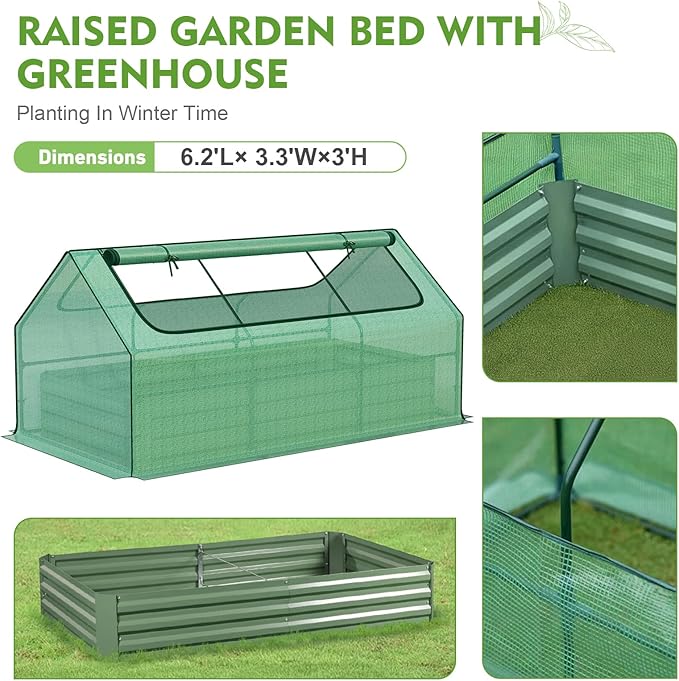 BPS Raised Garden Bed Set 6x3x1 FT Metal Bottomless Flower Bed with PE Cover for Outdoor Planting Green