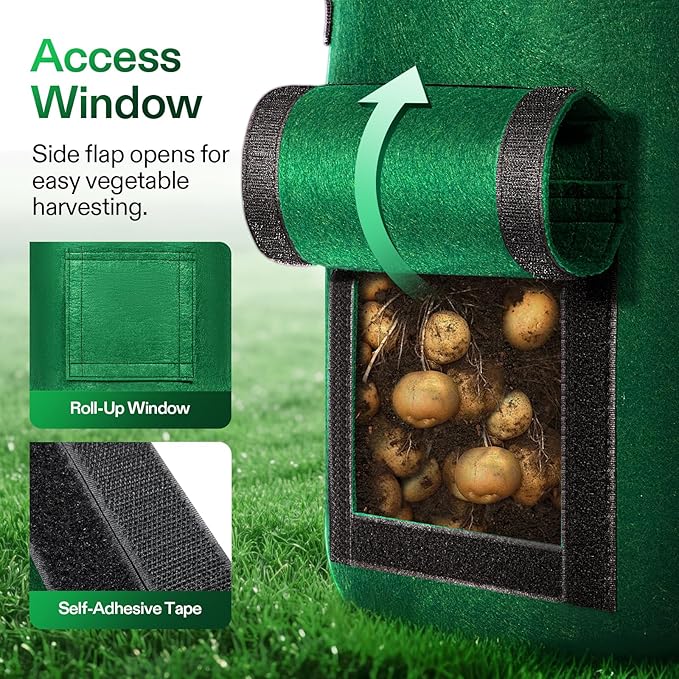 VIVOSUN 5-Pack 10 Gallon Potato Grow Bags for Growing Potatoes Fabric Potato Pots with Handle and Roll-up Window Potato Growing Containers Potato Planter Potato Planter for Growing Potatoes Green