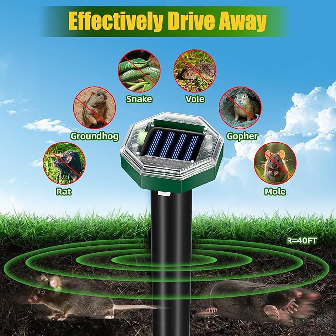 Mole Repellent Solar Powered Gopher Snake Repellent for Yard Lawn Garden IP65 Waterproof Ultrasonic Deterrent Stakes Get Rid for Vole Groundhog Squirrel Rat Mice Rodent Skunk Repellent 8 Pack
