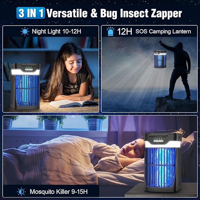 Solar Bug Zapper Outdoor and Indoor Dual Folding Solar Panel with Auto Sensor Function USB Rechargeable Cordless Fly Traps 4200V Electric Mosquito Killer for Patio Backyard Garden Camping