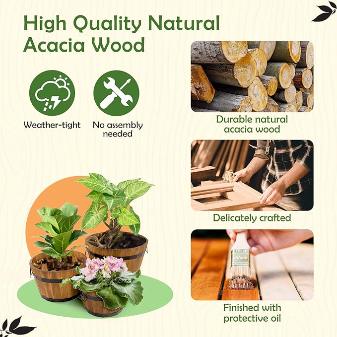 Idzo Set of 3 Wooden Flower Boxes Outdoor Durable Acacia Wood Barrel Planters for Outdoor Plants with Ergonomic Handles Drainage Holes Multiple Sizes Wood Bucket Planter Light Brown