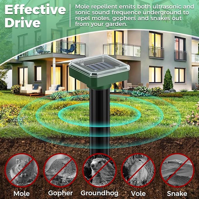Mole Repellent Solar Powered 10 PackUltrasonic Vole Repellent Outdoor IP 44 Waterproof Animal Deterrent for Yard GardenEffective Get Rid of Gopher Raccoon Squirrel Groundhog Chipmunk