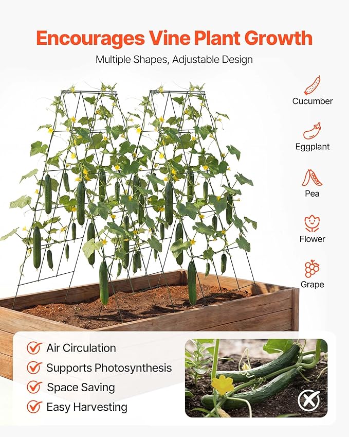 VEVOR Cucumber Trellis 46 High Foldable A-Frame Garden Trellises for Raised Bed 4 Panels Metal Rustproof Outdoor Climbing Plant Support with 2 Plant Bags for Vine Peas Beans Tomato Flowers