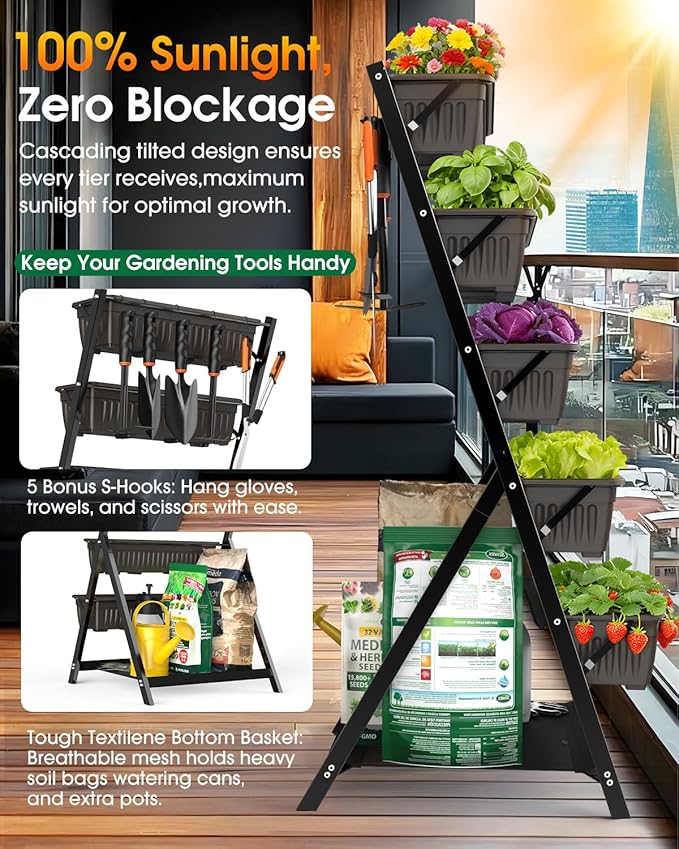 5-Tier Vertical Garden Bed Planter Boxes with Drainage System &amp Storage Space Freestanding Vertical Garden Planter with 5 S-Hooks for Plants Vegetables Flowers Herbs in Garden Patio Yard