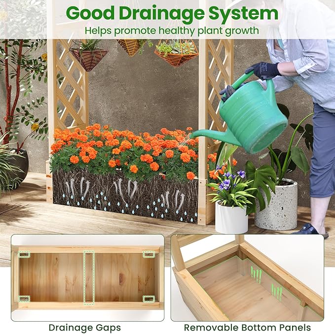 Giantex Raised Garden Bed with Sided Trellis &amp Hanging Roof Wood Planter Box Freestanding Garden Planter Raised Bed for Flowers Herbs Climbing Vines 44”x14”x45” (L x W x H)